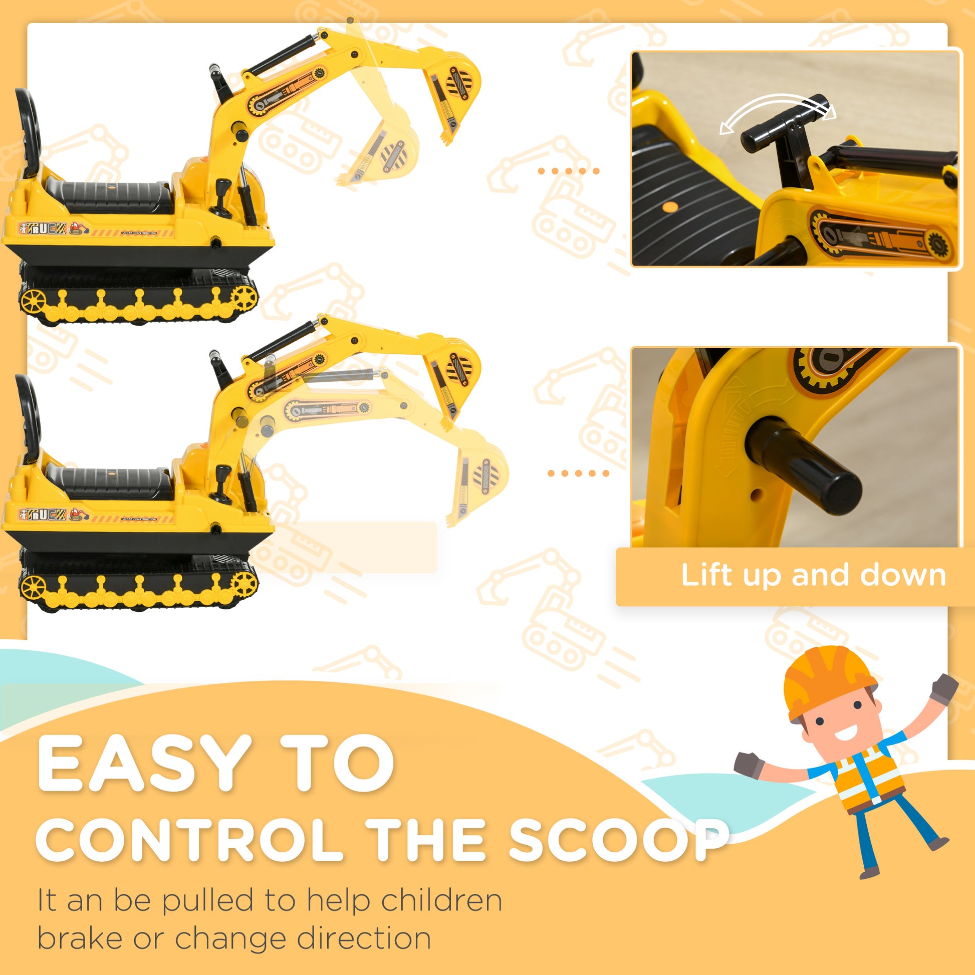 Qaba Kids Ride-on Excavator with Digger, Pretend Play Construction Truck with Under Seat Storage, Realistic Sound, Tread