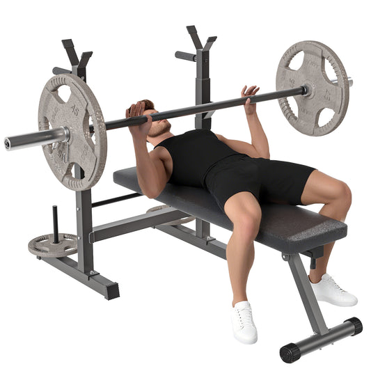 Soozier Adjustable Weight Bench, Foldable Bench Press with Barbell Rack and Dip Station for Home Gym, Strength Training 