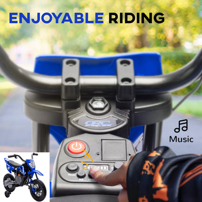 Qaba 12V Kids Dirt Bike, Electric Motorcycle with Twist Grip Throttle, Training Wheels, Rear Suspension & Music, Blue