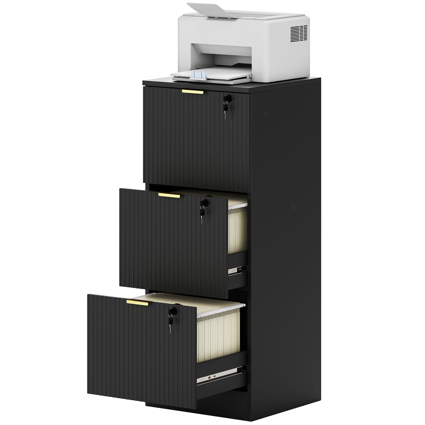 Lockable Filing Cabinet with 3 Fluted Drawers, File Cabinet with Adjustable Hanging Rails for A4 Letter Files, Black