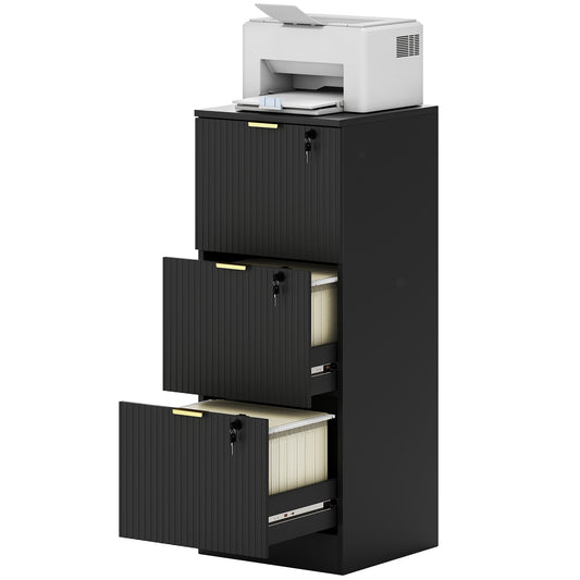 Lockable Filing Cabinet with 3 Fluted Drawers, File Cabinet with Adjustable Hanging Rails for A4 Letter Files, Black