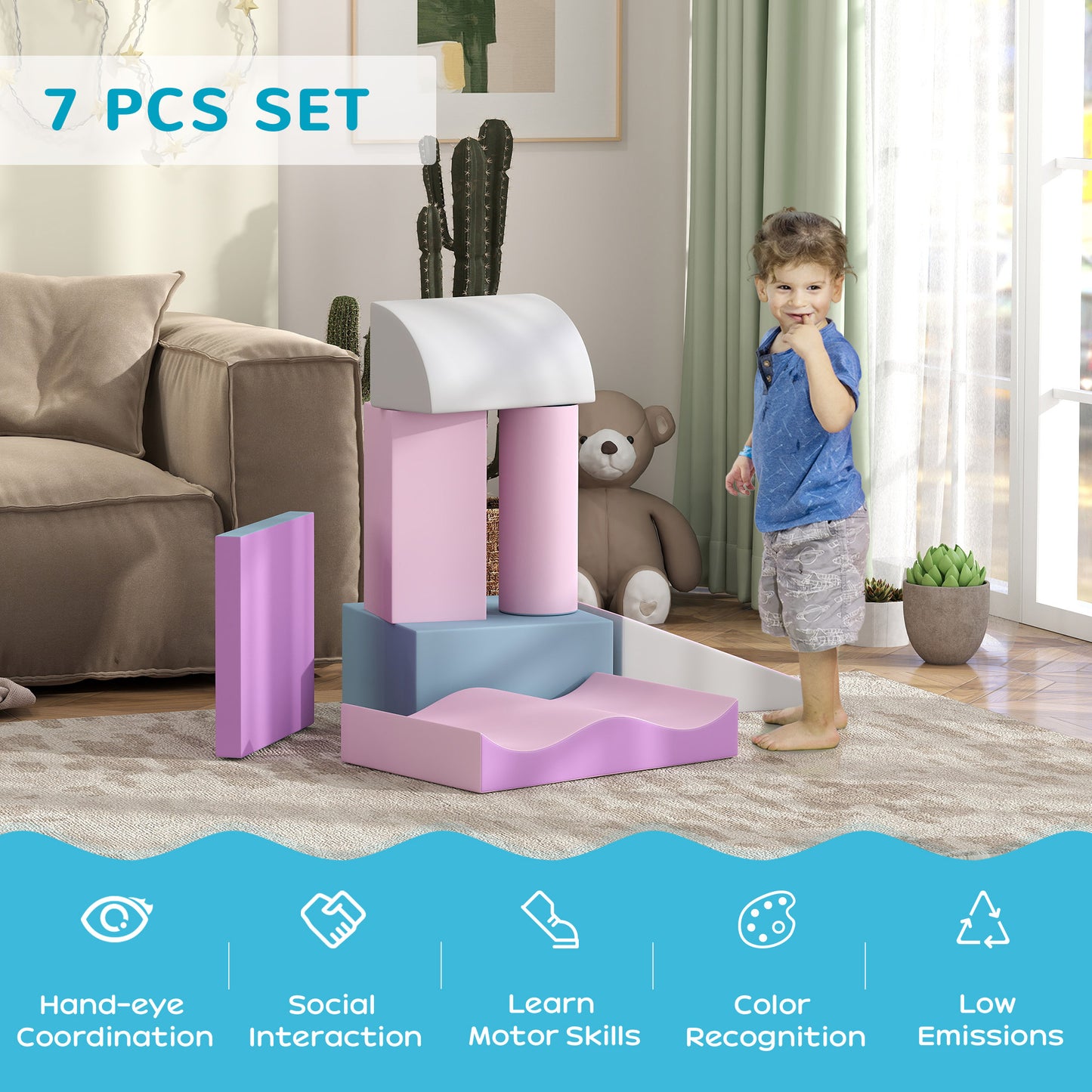 Soozier 7 Pieces Soft Play Foam Climbing Blocks, Indoor Modular Kids Play Toys for Climbing, Crawling, Sliding, Light Co