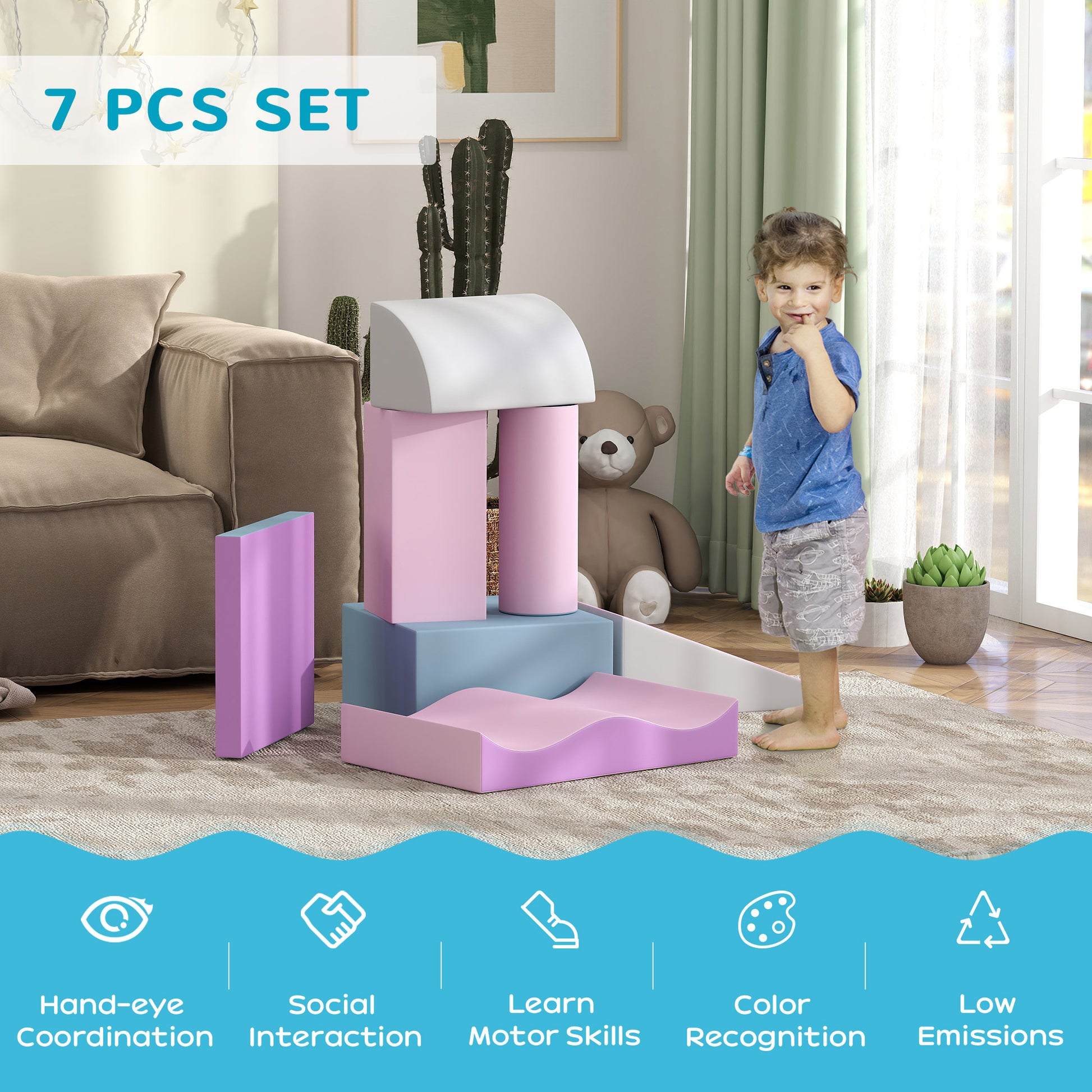 Soozier 7 Pieces Soft Play Foam Climbing Blocks, Indoor Modular Kids Play Toys for Climbing, Crawling, Sliding, Light Co