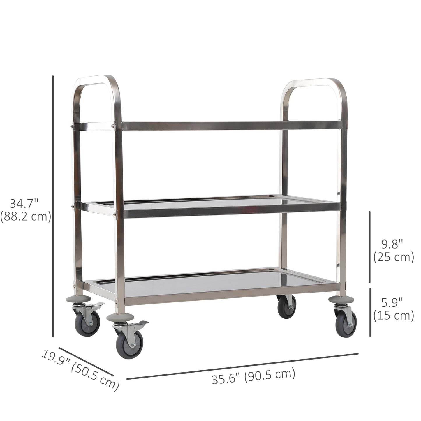 35.6" 3-Tier Kitchen Trolley Medical Treatment Laboratory Equipment Carts, Stainless Steel Rolling Kitchen Island, Wheel