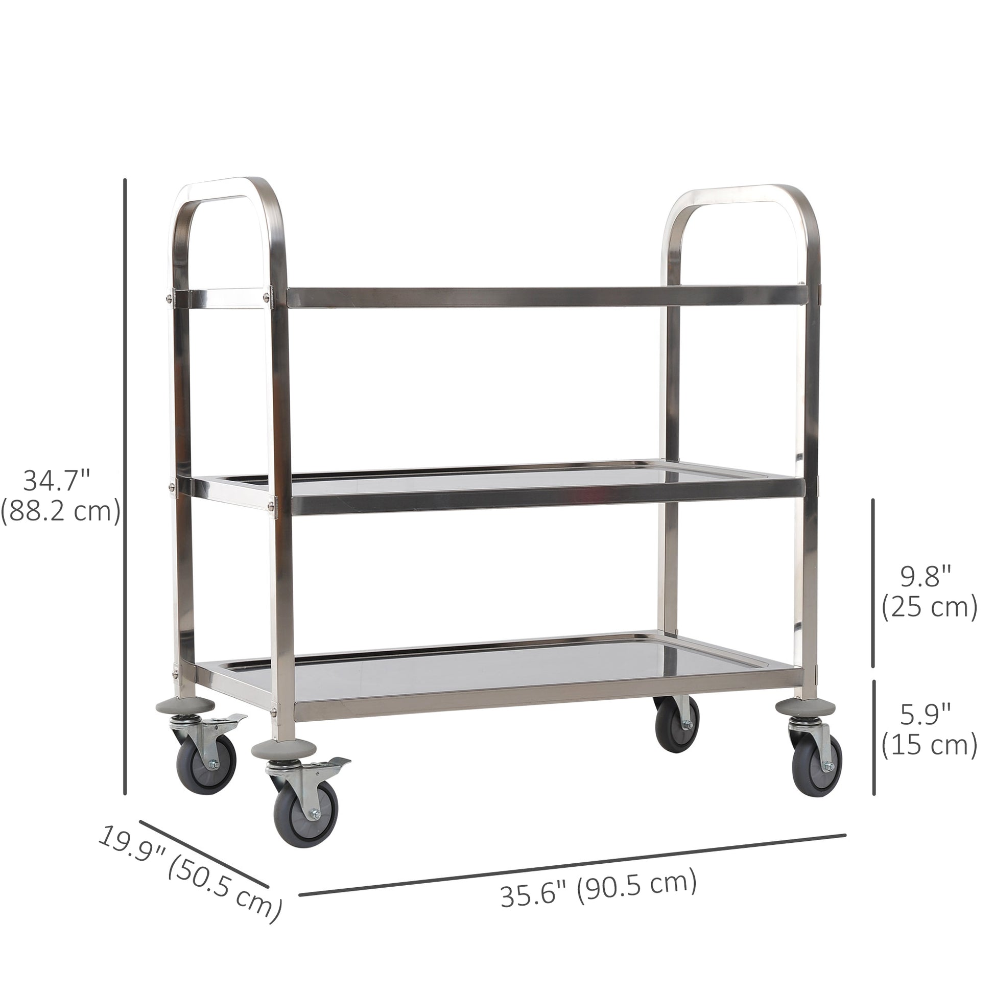 35.6" 3-Tier Kitchen Trolley Medical Treatment Laboratory Equipment Carts, Stainless Steel Rolling Kitchen Island, Wheel