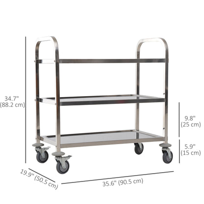 35.6" 3-Tier Kitchen Trolley Medical Treatment Laboratory Equipment Carts, Stainless Steel Rolling Kitchen Island, Wheel