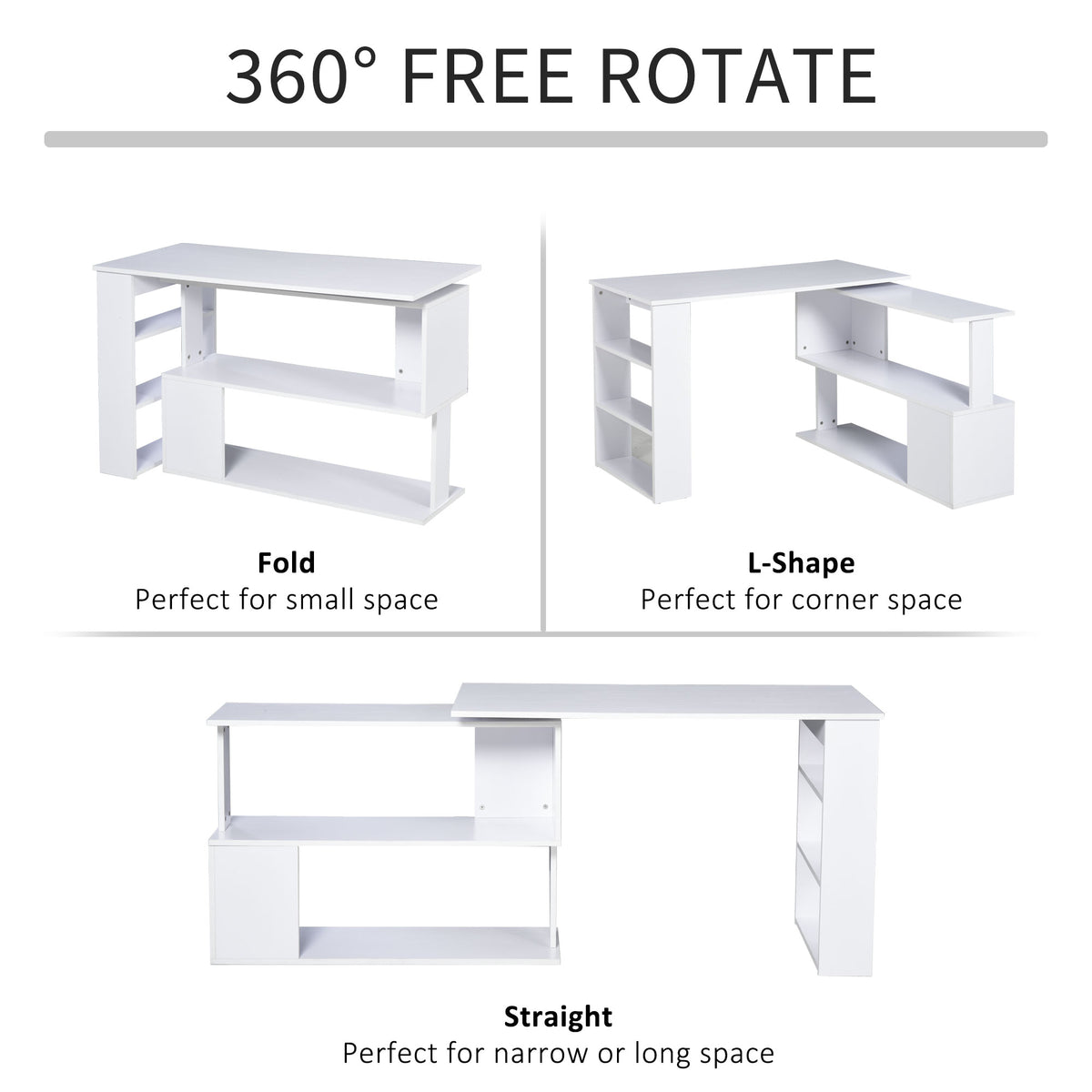 47" L Shaped Desk, 360° Rotating Corner Desk, Reversible Computer Writing Table Workstation with Storage Shelf for Home 