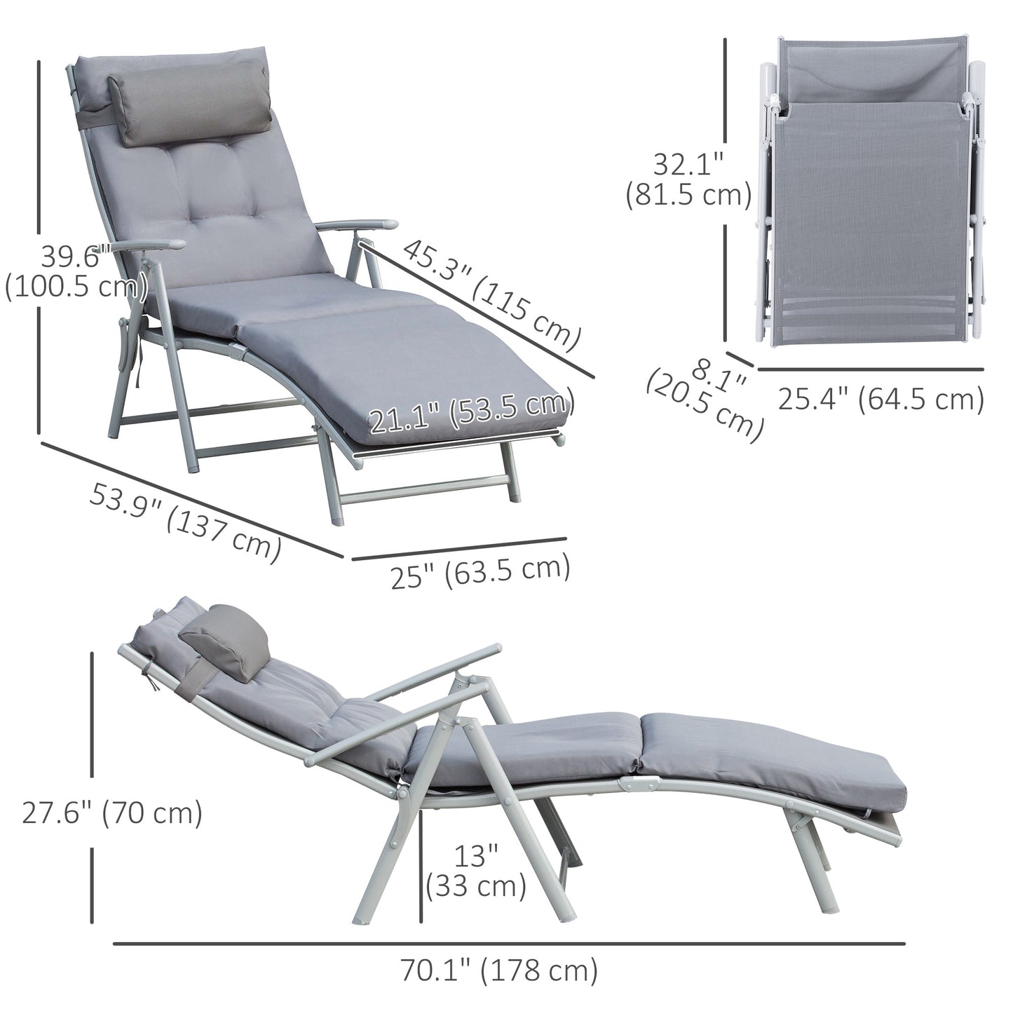 Lounge Chair Outdoor, Folding Patio Chaise Lounger, 360 lbs 7-Position Adjustable Back Outdoor Recliner with Cushion, He