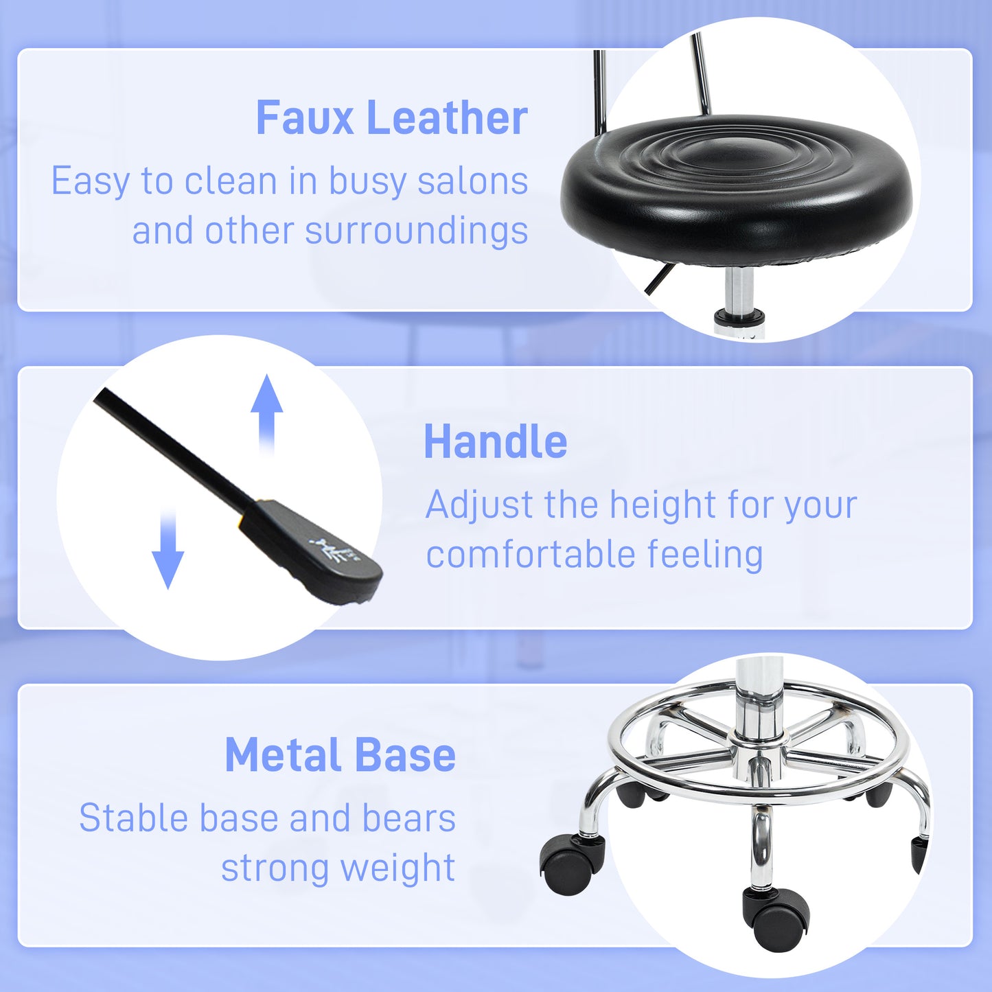 Adjustable Stool, Rolling Stool, 360° Rotate, with Backrest and Wheels, Black