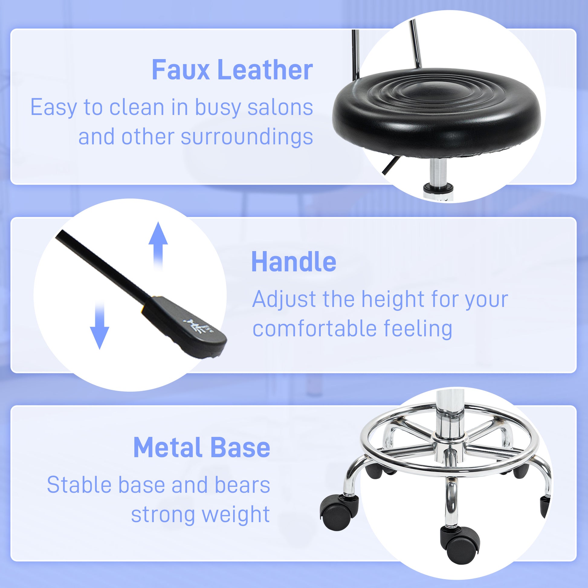 Adjustable Stool, Rolling Stool, 360° Rotate, with Backrest and Wheels, Black