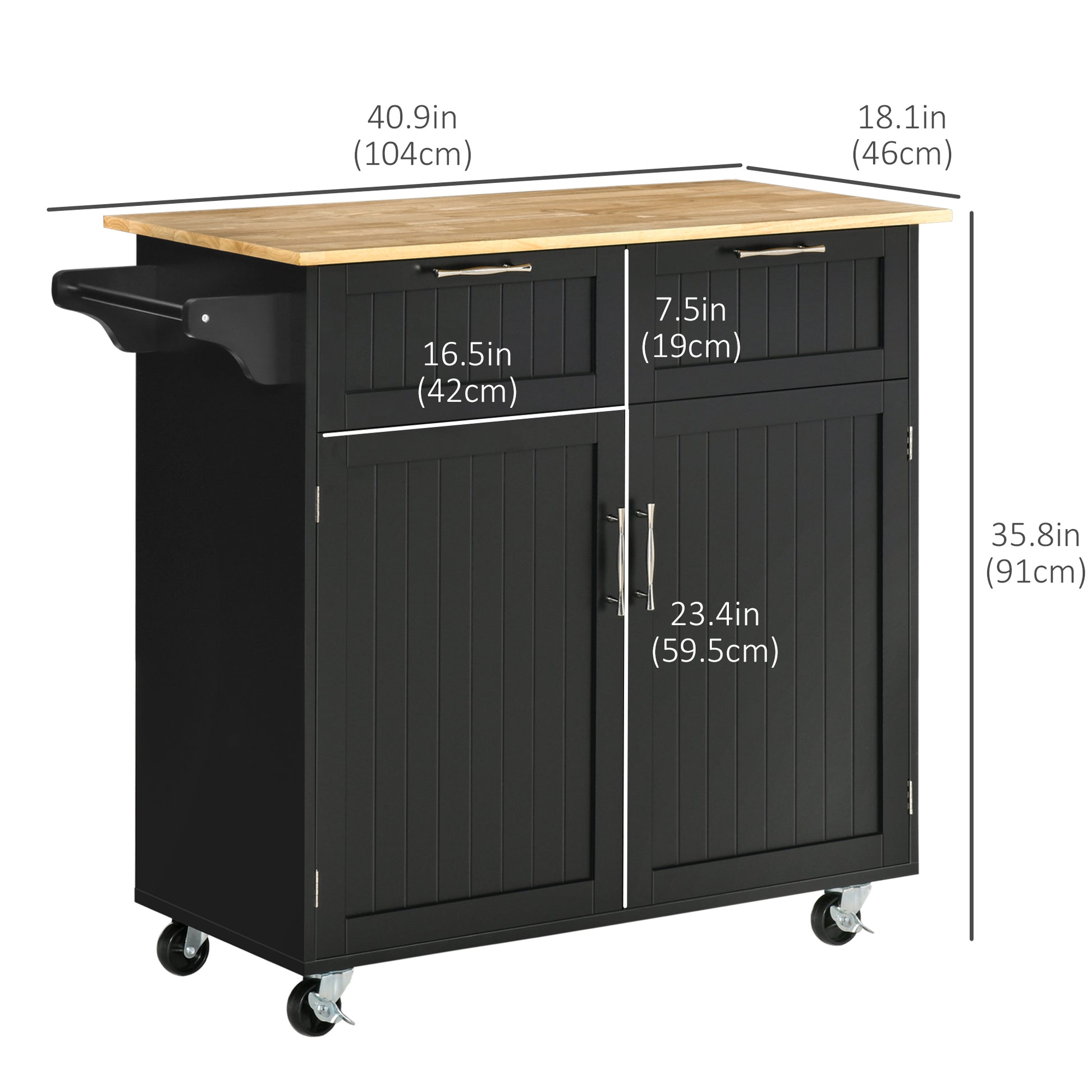 Rolling Kitchen Island, Kitchen Cart on Wheels with 2 Storage Drawers, 2 Door Cabinets and Towel Rack for Dining Room (B