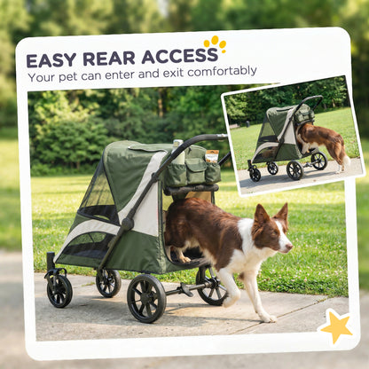 Foldable Pet Stroller for Medium Dogs with Four Big Wheels, Shock-Absorbing Frame, Safety Leashes, Brakes, Dark Green