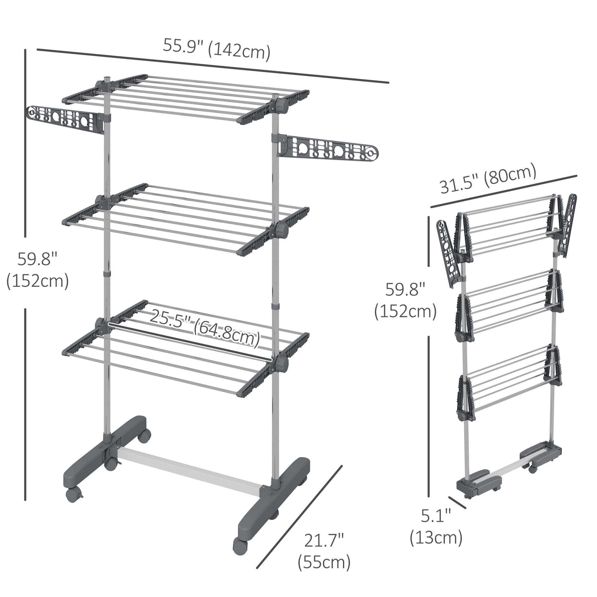 3-Tier Foldable Clothes Drying Rack, Stainless Steel Laundry Rack with 2 Side Wings and 6 Castors, Collapsible Adjustabl