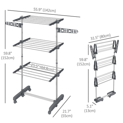 3-Tier Foldable Clothes Drying Rack, Stainless Steel Laundry Rack with 2 Side Wings and 6 Castors, Collapsible Adjustabl