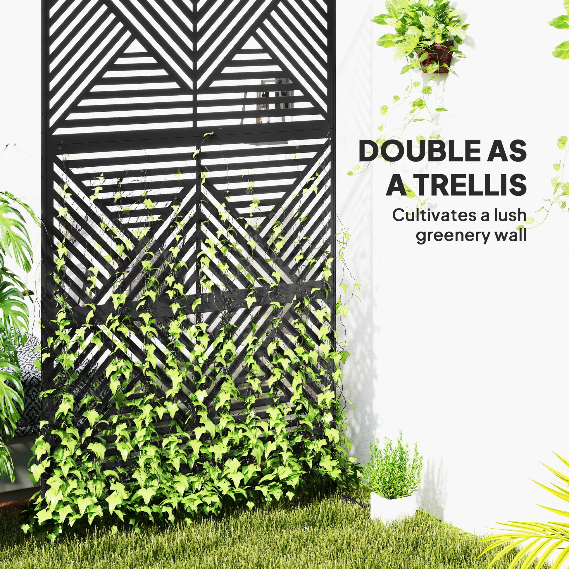 Metal Outdoor Privacy Screen, Freestanding Outdoor Divider with Stand, Decorative Privacy Panel, 78" x 48", Black