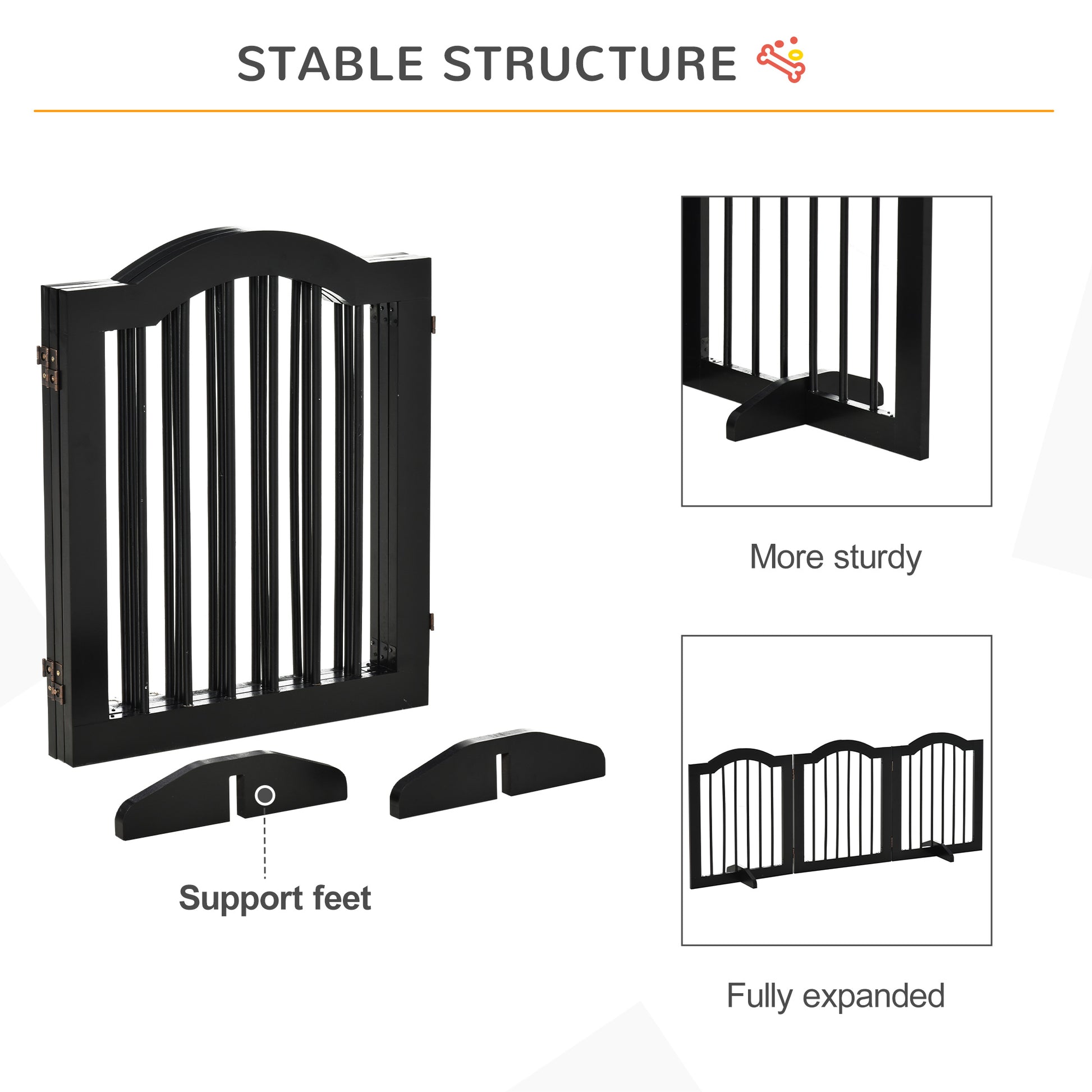 24"H Foldable Dog Gate, 3 Panels Freestanding Pet Gate Barriers Indoor with Support Feet, Puppy Fence for Small Dogs, Bl