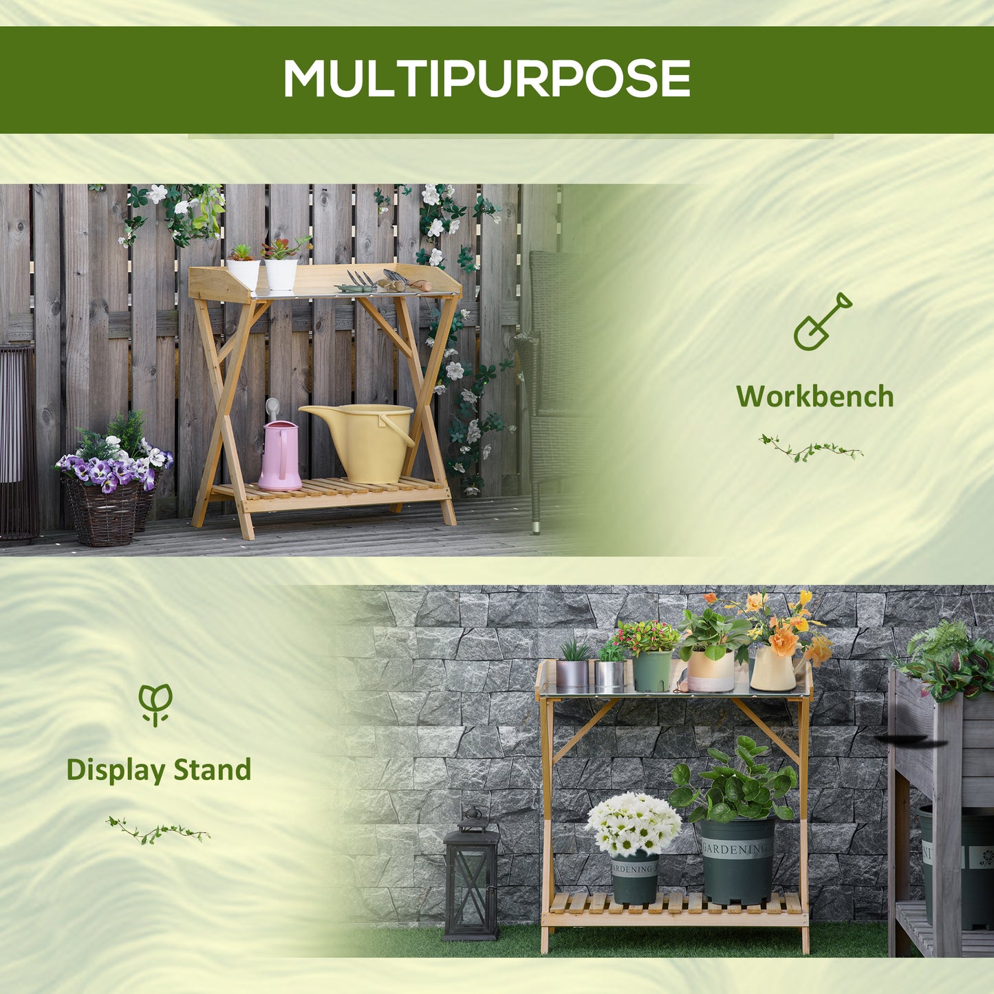 Garden Potting Bench Table, Wooden Work Station, Outdoor Planting Workbench w/ Galvanized Metal Tabletop and Storage She