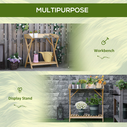 Garden Potting Bench Table, Wooden Work Station, Outdoor Planting Workbench w/ Galvanized Metal Tabletop and Storage She