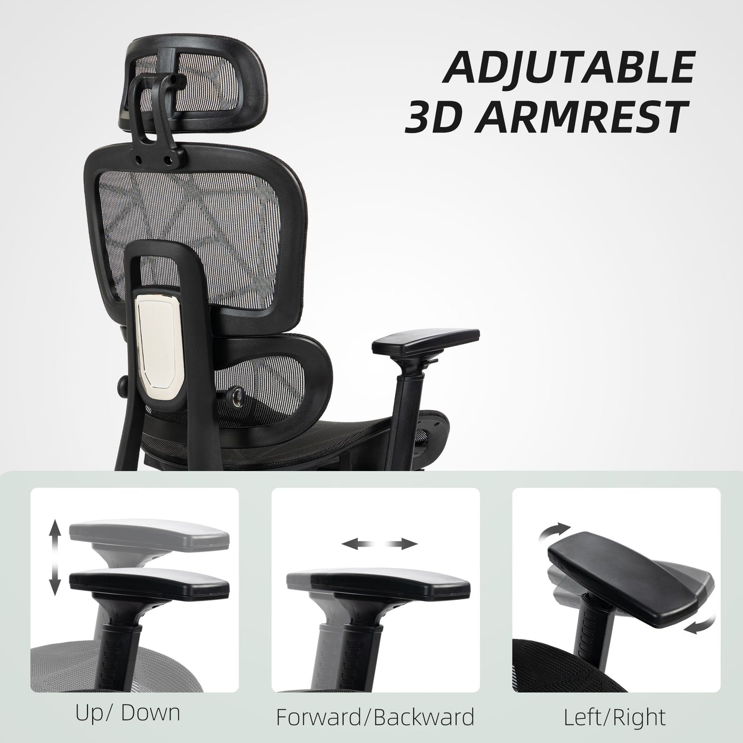 Mesh Office Chair with 3D Armrest, High Back Desk Chair with Lumbar Support, 135° Reclining, Adjustable Headrest, Black