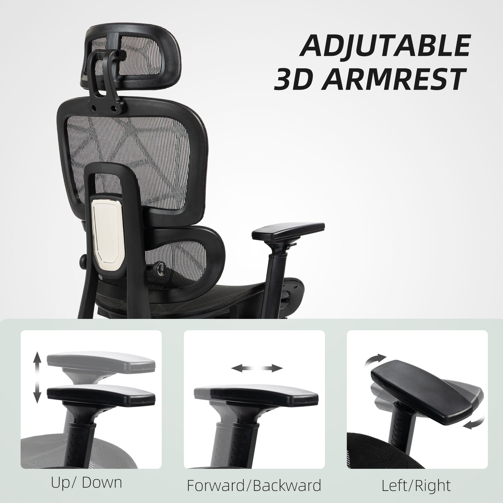 Mesh Office Chair with 3D Armrest, High Back Desk Chair with Lumbar Support, 135° Reclining, Adjustable Headrest, Black
