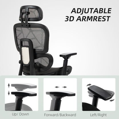 Mesh Office Chair with 3D Armrest, High Back Desk Chair with Lumbar Support, 135° Reclining, Adjustable Headrest, Black