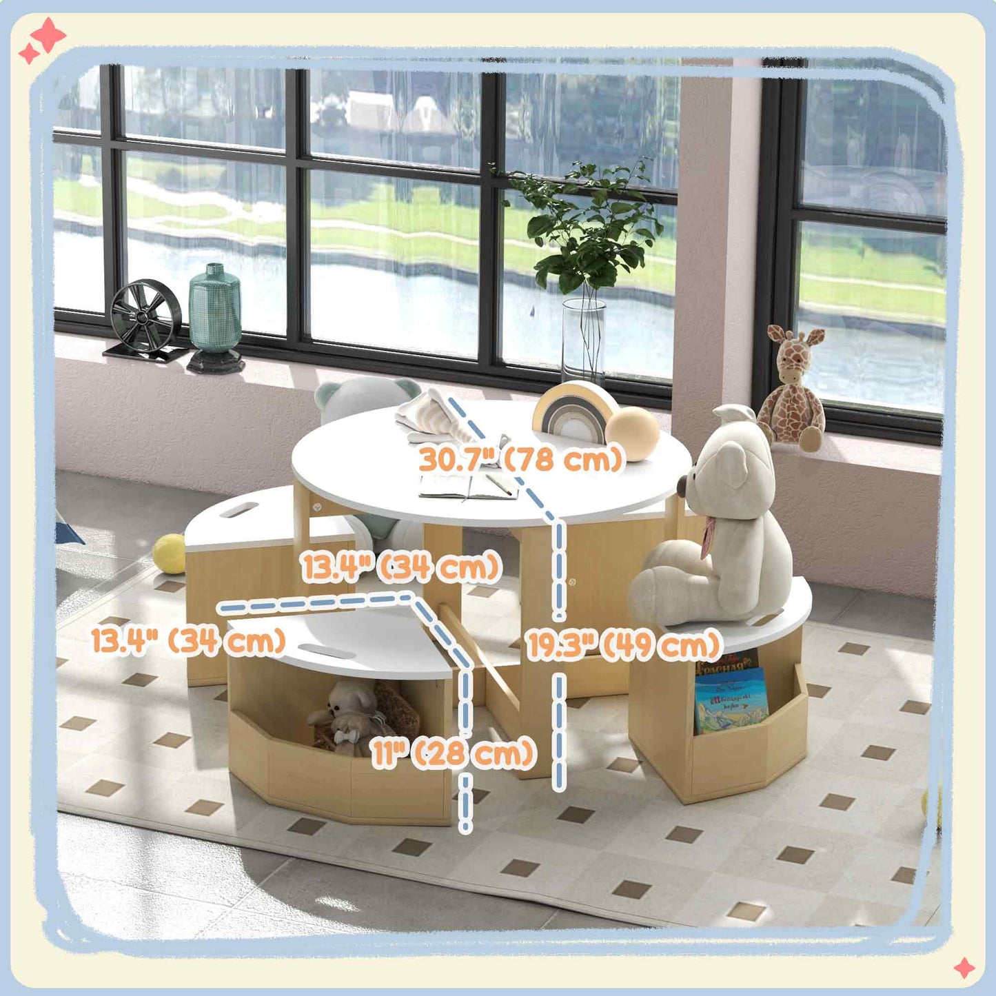 Qaba 5 Piece Kids Table and Chair Set with Storage for Kids Room, White