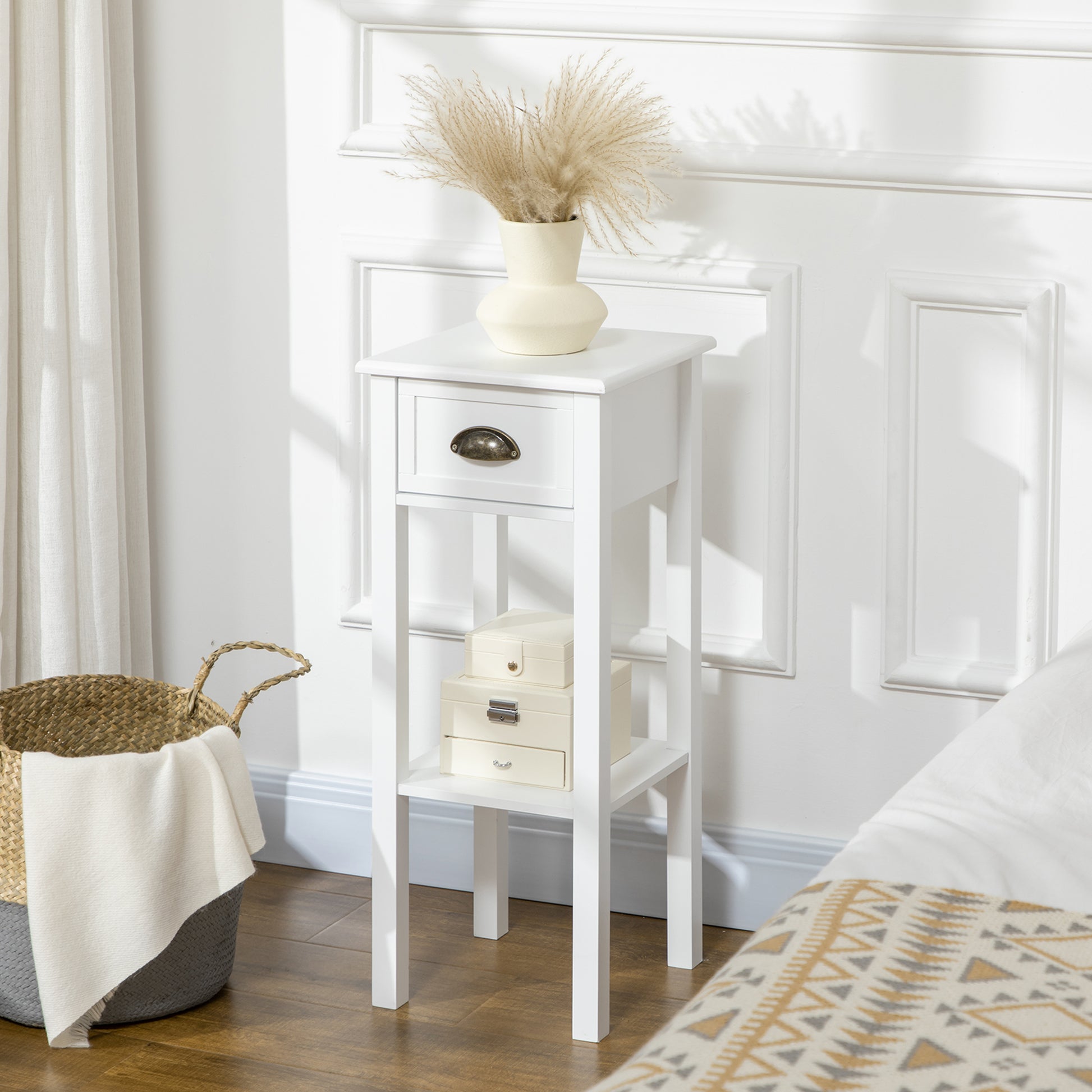 2 Tier Side Table, Set of 2, Narrow Tall End Table with Drawer and Shelf, Slim Wooden Nightstand for Living Room, Bedroo