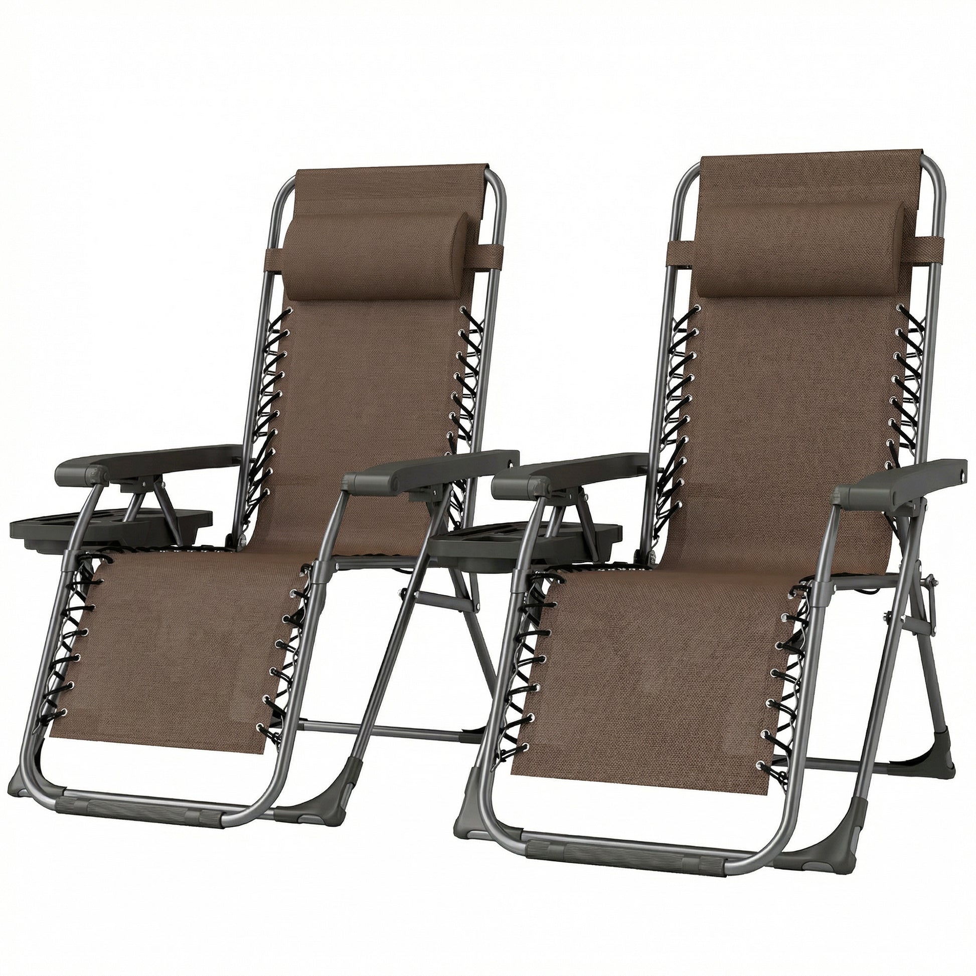 Zero Gravity Chair Set of 2, Folding Reclining Outdoor Lounge Chair with Cup Holder, Headrest, Brown
