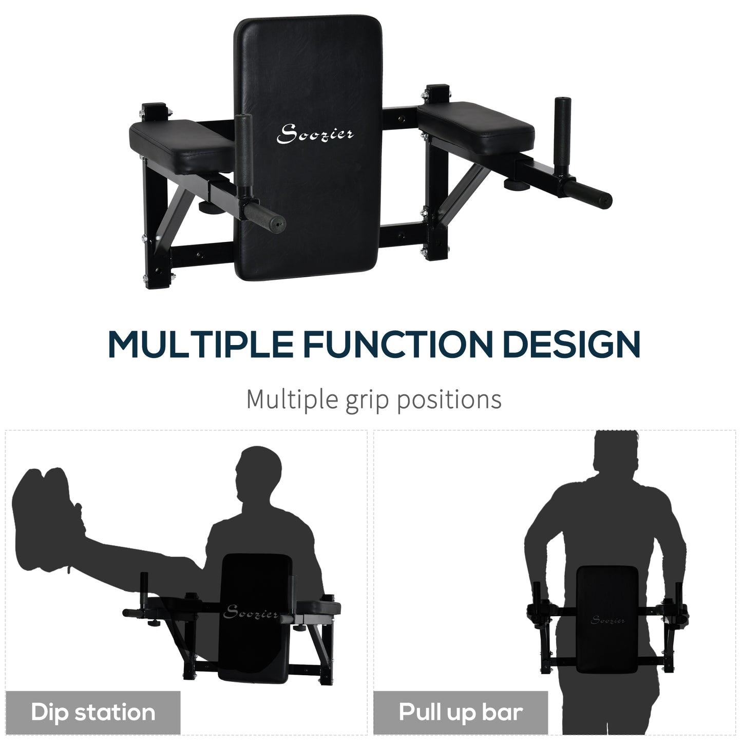 Soozier Wall Mounted Dip Station Multi-Function Power Tower Set Home Gym Pull Up Bar Chin Up Exercise Bar Knee Raise Tri