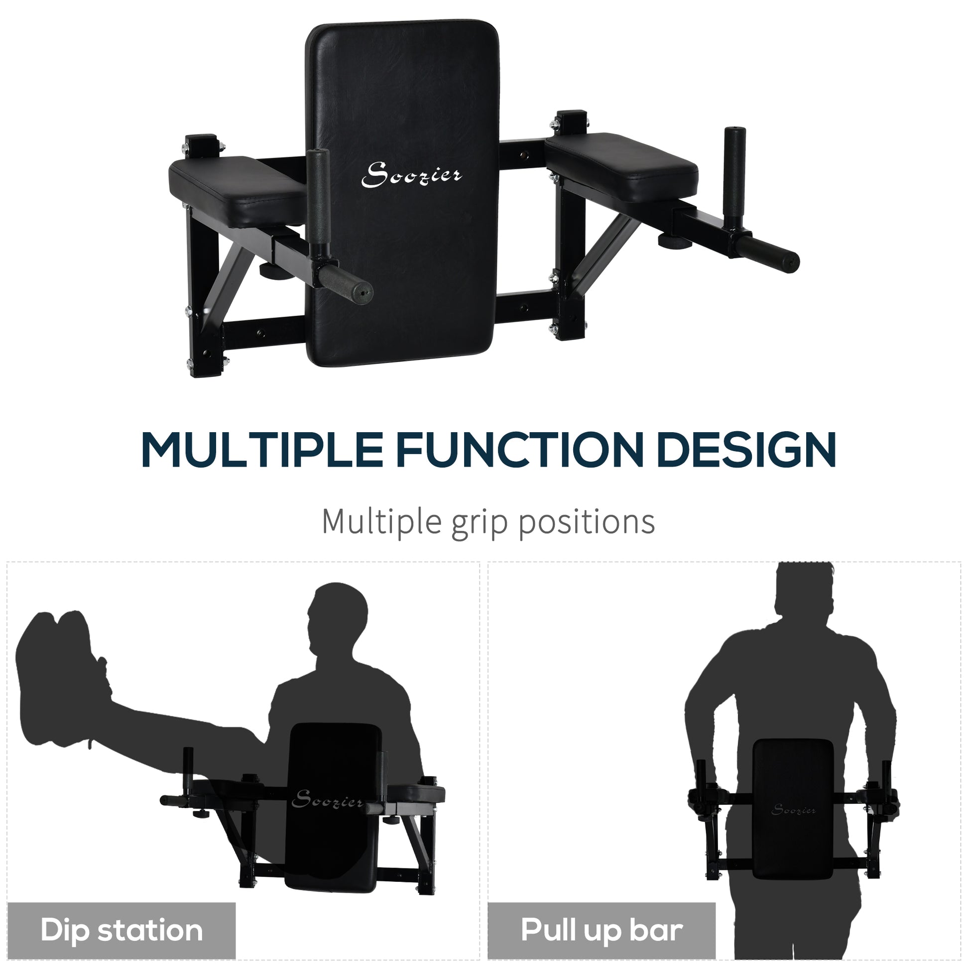 Soozier Wall Mounted Dip Station Multi-Function Power Tower Set Home Gym Pull Up Bar Chin Up Exercise Bar Knee Raise Tri