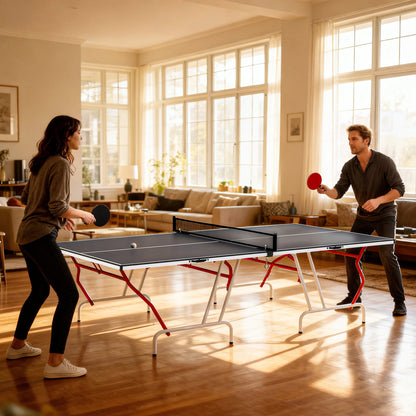 Soozier 9' x 5' Full Size Table Tennis Table, Folding Ping Pong Table with Paddles and Balls, Dark Grey