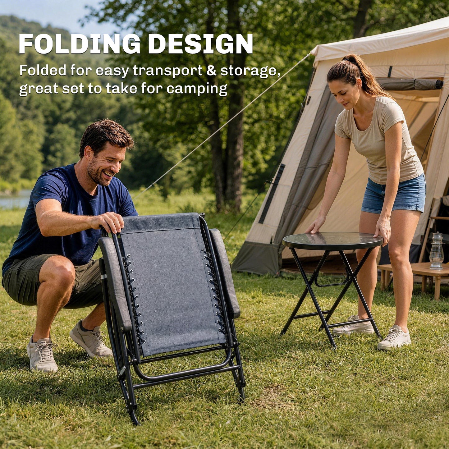 3pc Patio Rocking Chair Set, Folding Outdoor Rocking Chairs and Table Bistro Set w/ Breathable Mesh Seat & Backrest, Hea