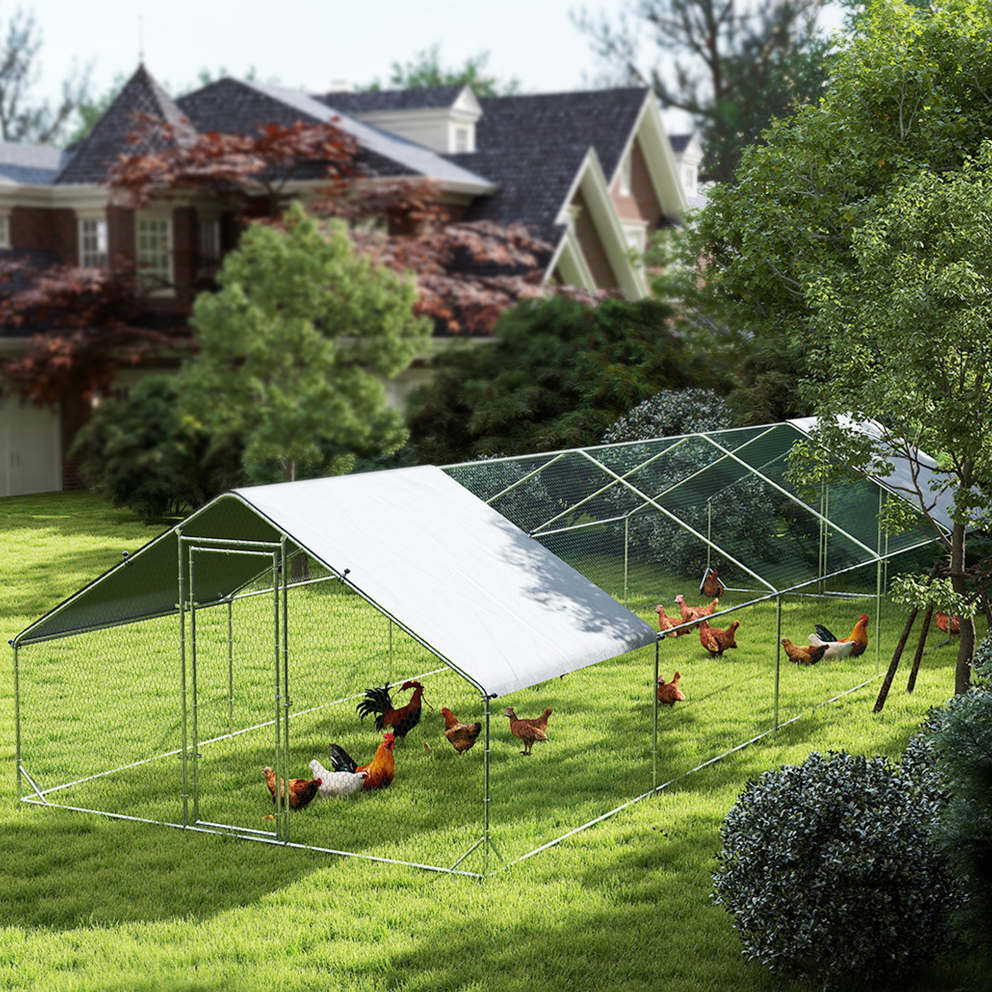 Metal Chicken Coop with Water & UV Protection Cover for Backyard Hen, Duck, Rabbit, 9.8' x 32.8' x 6.4'