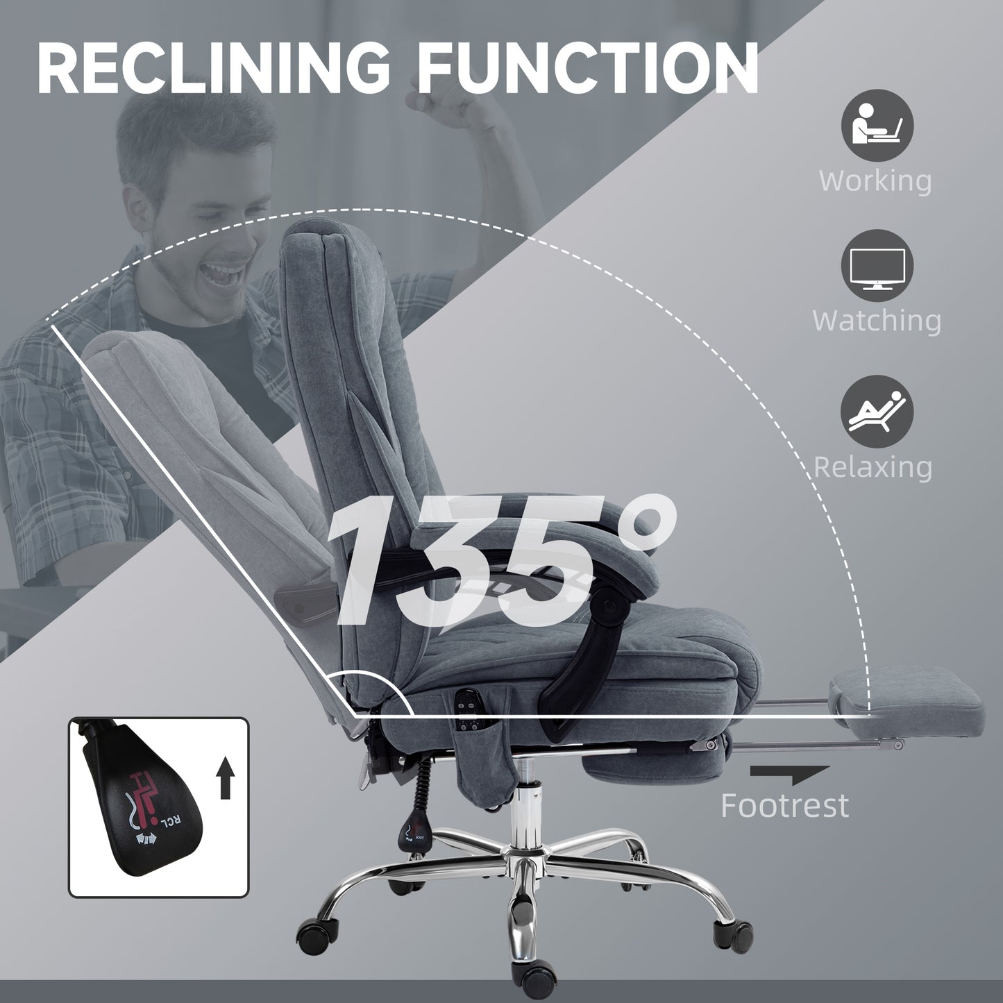 Massage Office Chair, Reclining Computer Chair with Adjustable Height and Footrest, Dark Grey