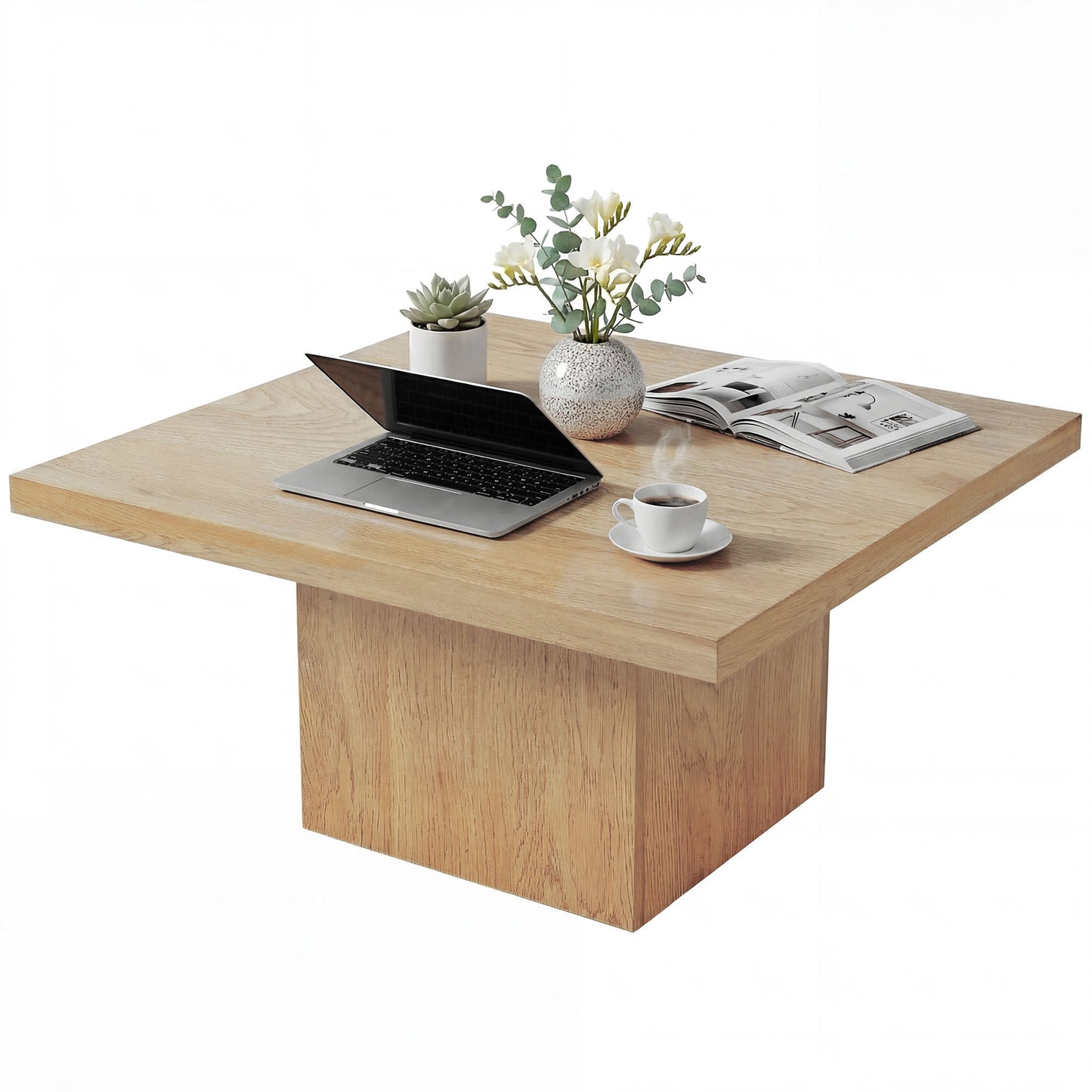 Square Coffee Table, Center Table with 1.6" Thick Tabletop, Natural Wood