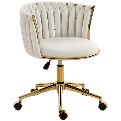 Office Chair, Vanity Chair with Woven Back, Adjustable Height, Rolling Wheels, Cream White