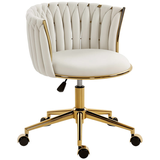 Office Chair, Vanity Chair with Woven Back, Adjustable Height, Rolling Wheels, Cream White