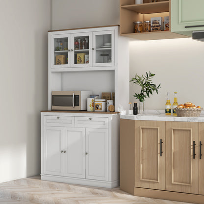 71" Pantry Cabinet with Microwave Space, Kitchen Cabinet with Hutch, 2 Drawers, Adjustable Shelves, Glass Doors, White