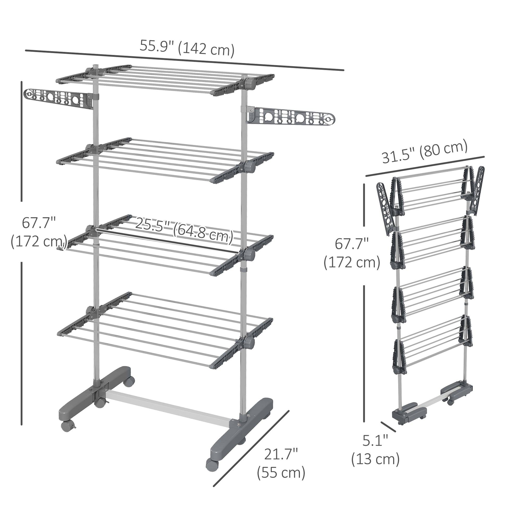 Garment Drying Rack Stainless Steel Folding Clothes Hanging Rack with Side Wings Castors for Indoor Outdoor Grey