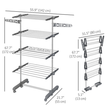 Garment Drying Rack Stainless Steel Folding Clothes Hanging Rack with Side Wings Castors for Indoor Outdoor Grey