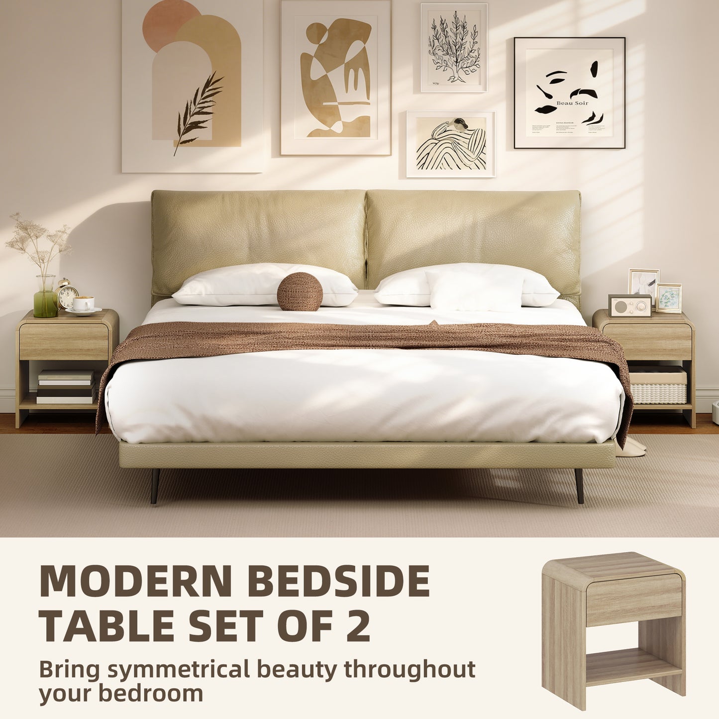 Nightstand Set of 2, Modern Bedside Table with Rounded Corners, Nightstand with Drawer and Open Shelf, Natural Wood