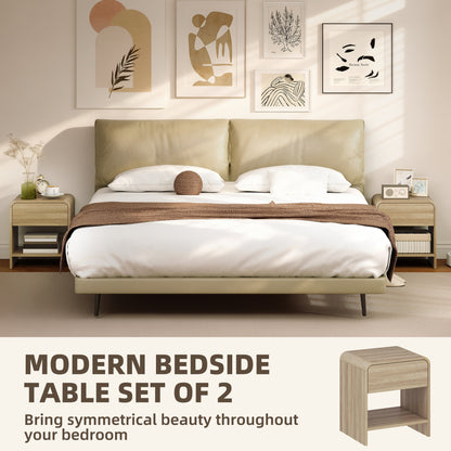 Nightstand Set of 2, Modern Bedside Table with Rounded Corners, Nightstand with Drawer and Open Shelf, Natural Wood