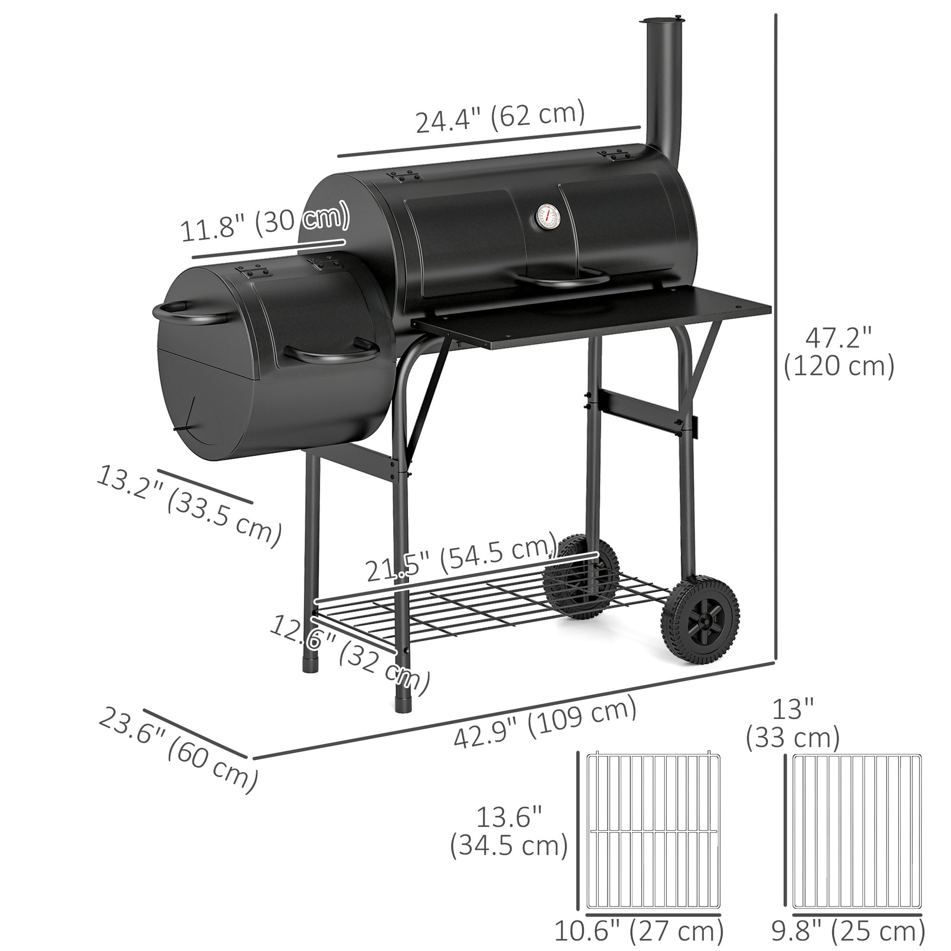 Portable Outdoor Charcoal BBQ Grill with Offset Smoker, Barbecue Grill with Spacious Cooking Area, 2 Shelves, Thermomete