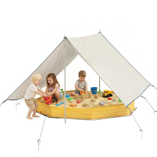 Qaba Wooden Kids Wooden Sandbox with Large Canopy, Outdoor Sand Box with 4 Bench Seats, Bottom Liner for Aged 3-8, Yello