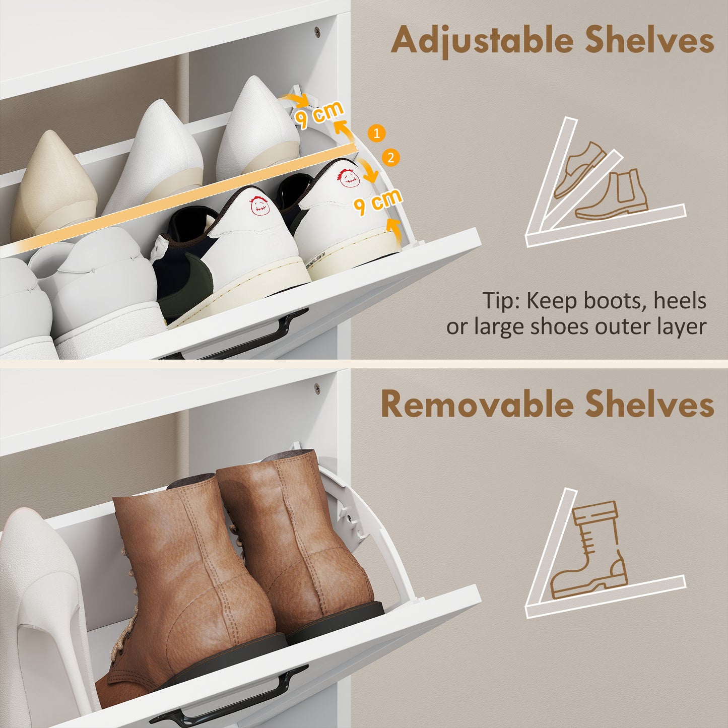 Shoe Cabinet with 4 Flip Drawers, Freestanding Narrow Shoe Storage Cabinet with Adjustable Shelves, Open Back, White