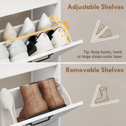 Shoe Cabinet with 4 Flip Drawers, Freestanding Narrow Shoe Storage Cabinet with Adjustable Shelves, Open Back, White