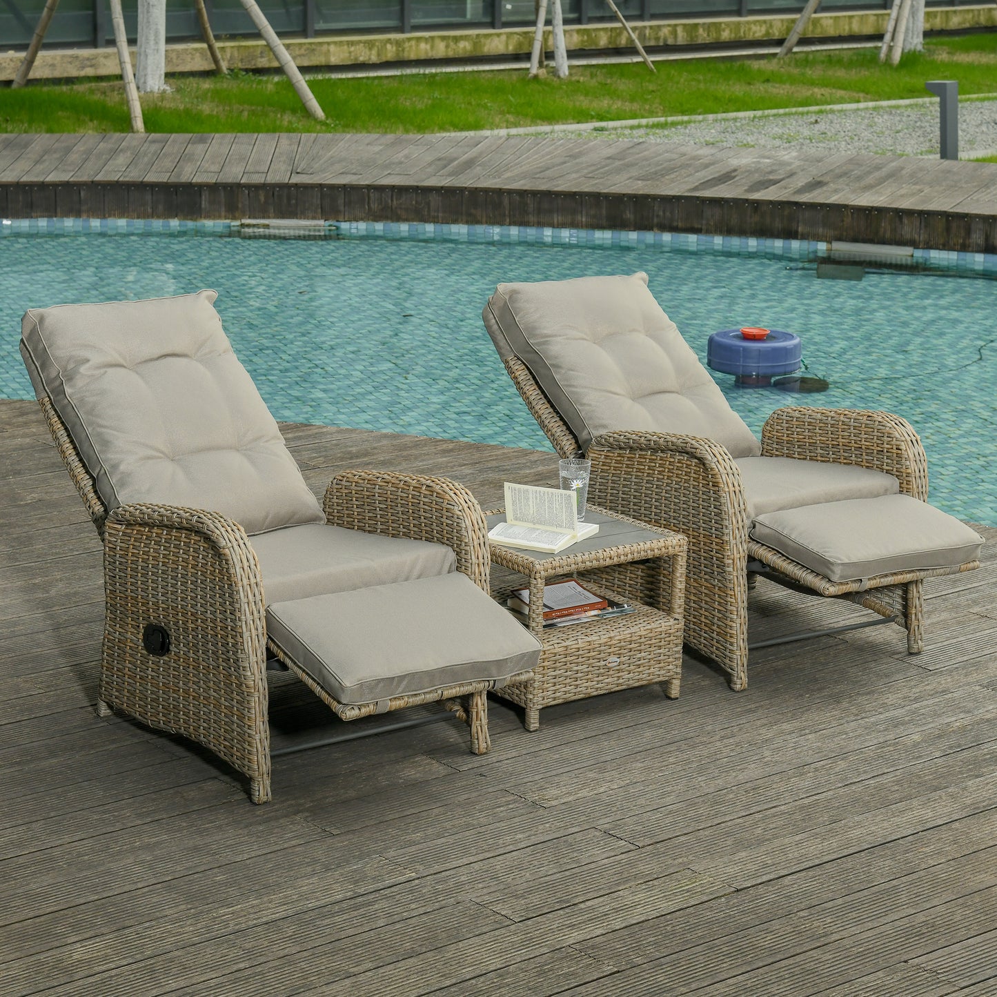3 Pieces Patio Wicker Bistro Set, PE Rattan Coffee Table & Adjustable Recline Chairs Furniture Set with Cushions and Woo
