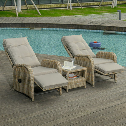 3 Pieces Patio Wicker Bistro Set, PE Rattan Coffee Table & Adjustable Recline Chairs Furniture Set with Cushions and Woo