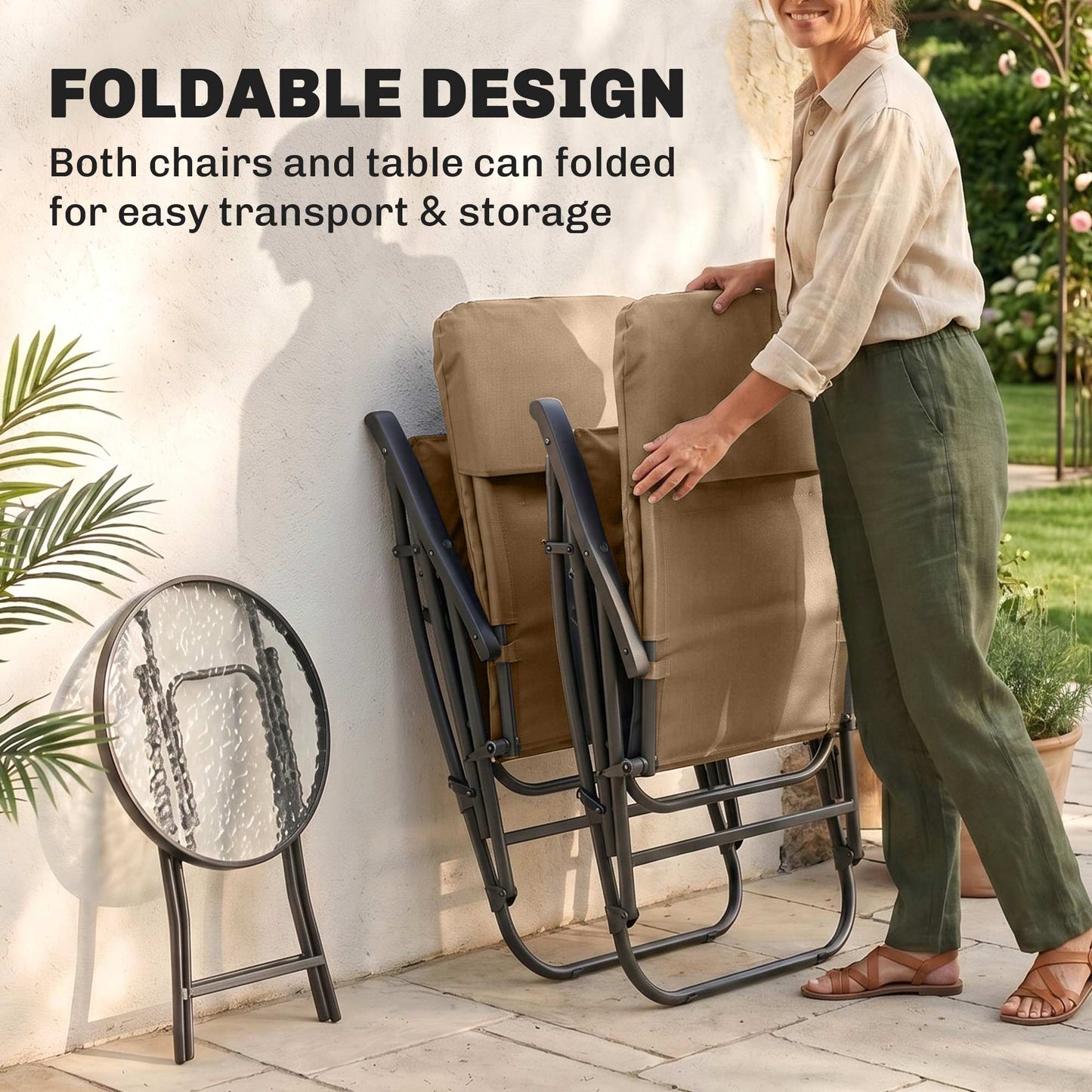 3-Piece Outdoor Foldable Rocking Chair Set, Light Brown