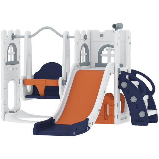 Qaba 6-in-1 Slide and Swing Set Baby Swing Playset Indoor with Basketball Hoop, Climber, Storage Space, Telescope, Orang